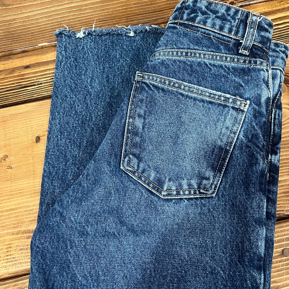 Zara Dark Blue Denim High Waist Wide Leg Jeans Pants Frayed Hem - Picture 4 of 8